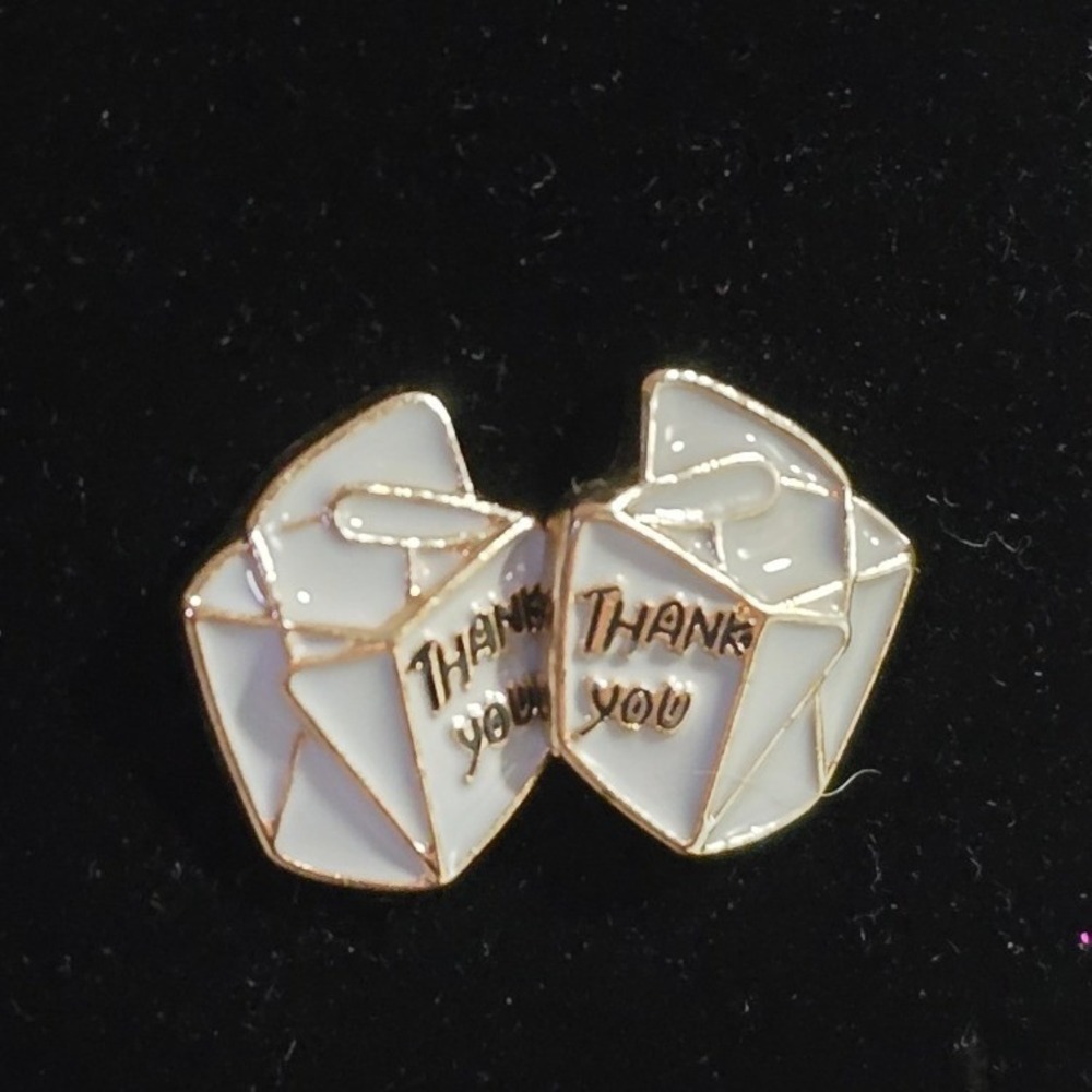 NEW set of mini white enamel stud earrings chinese takeout box thank you‎ foodie